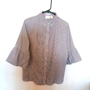 Chico's Women's Grey & White Striped Cotton Button Up Shirt with Sleeve Detail